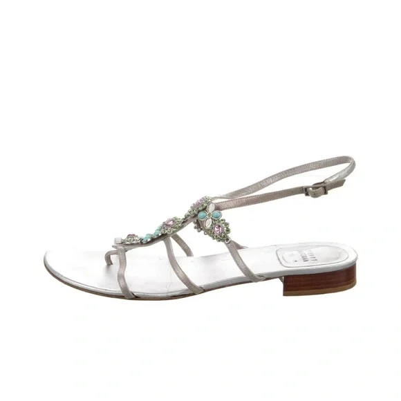 Stuart Weitzman Silver Sandals Turquoise & Crystal Gem Embellishments 9.5 - Picture 3 of 11